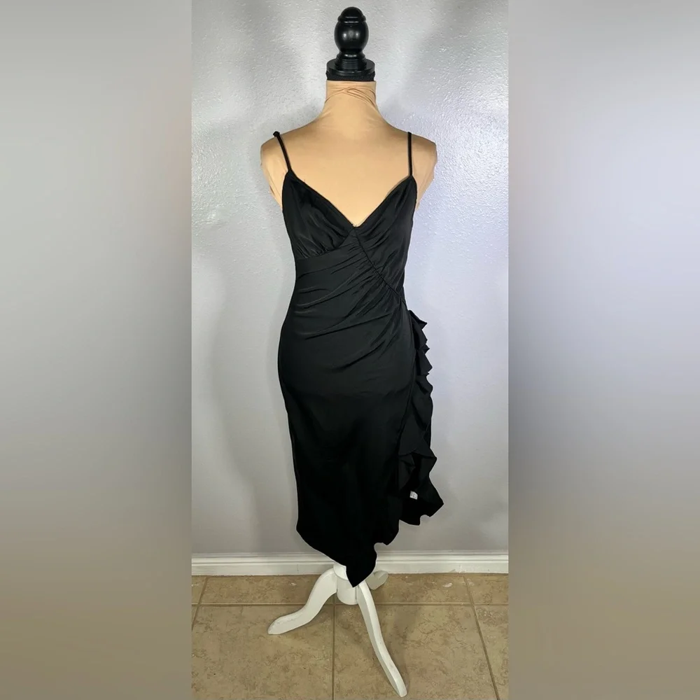 Revolve Black ruffle asymmetrical hem high slit Midi Dress S cocktail datenight - Picture 8 of 15